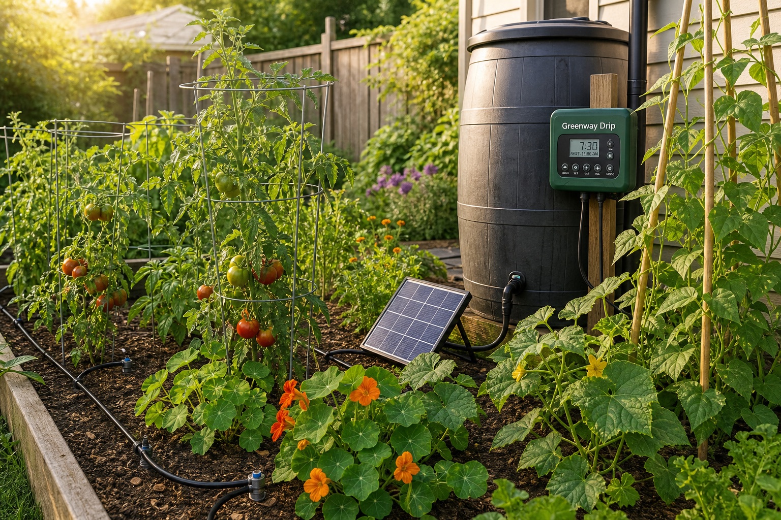 Greenway Drip solar irrigation kit installed beside a rain barrel in a vegetable garden